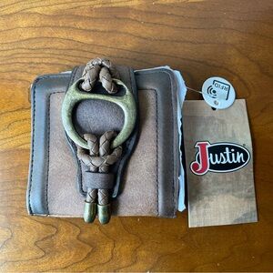 NWT Justin Western Cowgirl Wallet Faux Leather Brown Braided‎ Accent 4x4”…